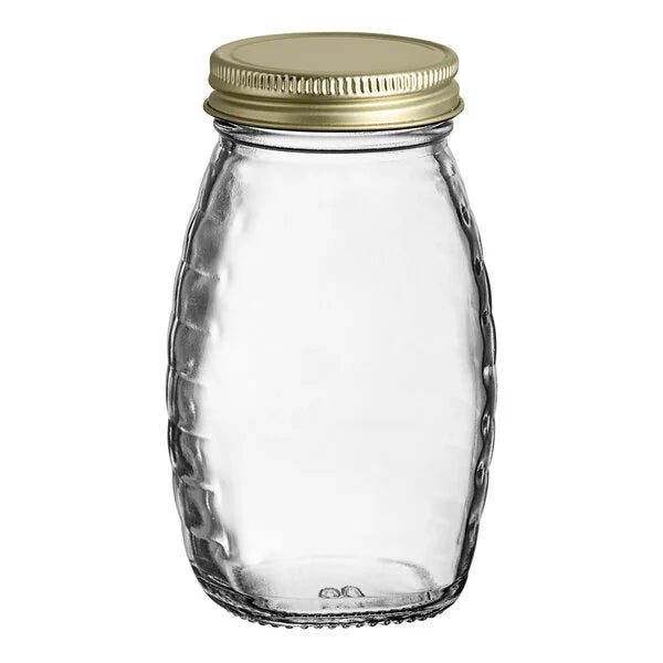 5.5 oz. (8 oz. Honey Weight) Classic Queenline Glass Honey Jar with Plastisol-Lined Gold Metal Lid - 96/Case