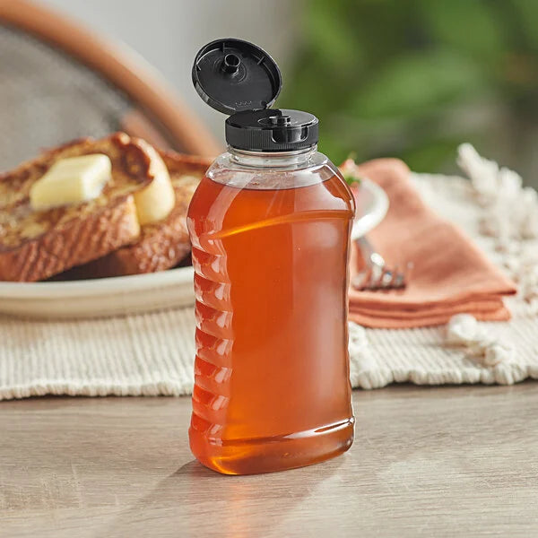 Ribbed Hourglass PET Honey Bottle with Pressure Sensitive Liner Black Plastic Flip Top Lid